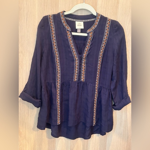Knox Rose Shirts Womens Small Navy Blue BOHO V-Neck Tops Babydoll Bohemian - Picture 2 of 13